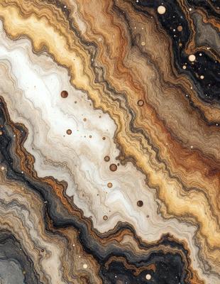 The primary subject of the image is a close-up of a marble-like surface with a pattern of dots and swirls. The setting is a natural environment, possibly a rock formation or a stone wall. The visual style is a combination of a photo and a digital art, illustration, or drawing. The colors and mood of the image are predominantly earthy tones, giving it a natural and organic appearance.