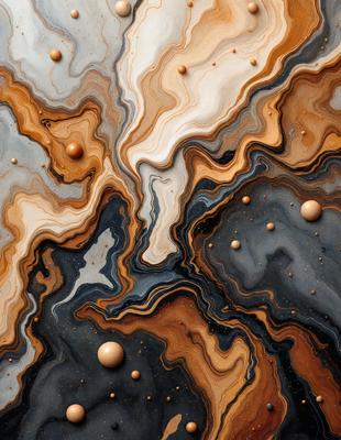 The primary subject of the image is a close-up of a marbled surface with a variety of colors and textures. The setting is a black and white background, which contrasts with the vibrant colors of the marbled surface. The visual style is a combination of a photo and digital art, creating a unique and intricate pattern. The colors and mood of the image are predominantly dark and moody, with the marbled surface providing a sense of depth and complexity.