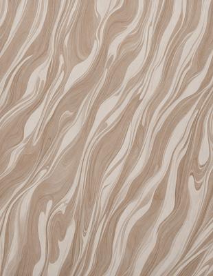 The primary subject of the image is a wooden wall with a unique and intricate pattern. The setting is a room with a wooden floor, and the visual style appears to be a combination of a photo and a digital art or illustration. The dominant colors are brown and beige, creating a warm and natural atmosphere.