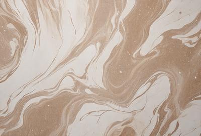 The image features a marbled surface with a swirling pattern, giving it a unique and visually appealing appearance. The primary subject is the marbled surface, which is the main focus of the image. The setting is a room with a wall that has the marbled surface as the background. The visual style is a combination of a photo and a digital art, as the marbled surface appears to be a blend of both. The colors and mood of the image are predominantly brown and white, creating a sense of warm
