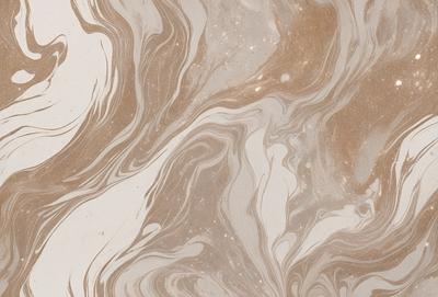 The primary subject of the image is a marbled surface, which appears to be a patterned wall or a marbled countertop. The setting is a room with a brown and white color scheme. The visual style is a combination of a photo and digital art, creating a unique and intricate pattern. The colors and mood of the image are warm and inviting, with the brown and white tones creating a sense of depth and texture.