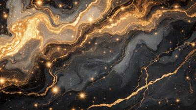 The primary subject of the image is a black and gold starry background. The setting is a dark, starry sky, and the visual style is a combination of photo and digital art. The colors are predominantly black and gold, creating a rich and dramatic atmosphere.