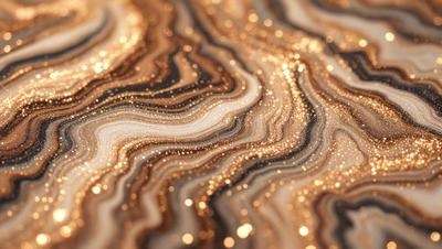 The primary subject of the image is a close-up of a marble surface with a gold-like pattern. The setting is a marble countertop, and the visual style is a combination of a photo and digital art. The colors and mood of the image are warm and inviting, with the gold-like pattern creating a sense of luxury and sophistication.