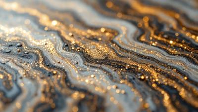 The primary subject of the image is a close-up of a shiny, black, and gold surface, possibly a marble or granite countertop. The setting is a kitchen or bathroom counter, with a patterned background. The visual style is a combination of a photo and digital art, creating a unique and eye-catching appearance. The colors and mood of the image are predominantly black, gold, and shiny, giving it a luxurious and elegant feel.