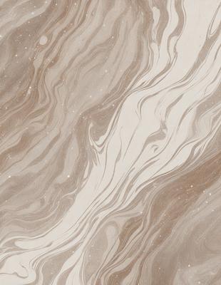 The primary subject of the image is a patterned surface, which appears to be a marbled or textured material. The setting is a room with a wall, and the visual style is a combination of a photo and a drawing. The colors and mood of the image are predominantly brown and white, creating a warm and earthy atmosphere.