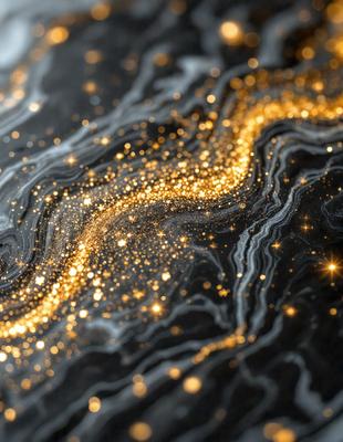 The primary subject of the image is a close-up of a black marble surface with a pattern of gold sparkles or glittering lights. The setting is a dark background, which contrasts with the bright gold sparkles. The visual style appears to be a combination of a photo and digital art, as the gold sparkles are not real but rather a digital effect. The colors and mood of the image are predominantly dark and dramatic, with the gold sparkles adding a touch of brightness and visual interest.