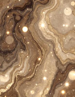The primary subject of the image is a close-up of a marble surface with a pattern of stars and circles. The setting is a dark room, and the visual style appears to be a combination of a photo and digital art. The colors and mood of the image are predominantly dark, with the stars and circles providing a contrasting and intriguing pattern.