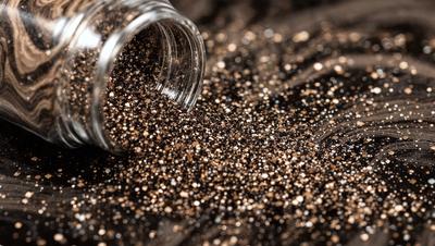 The primary subject of the image is a jar filled with glittery, shiny, and sparkly black powder. The jar is placed on a black surface, which contrasts with the glittery black powder. The visual style of the image is a close-up of the jar, showcasing the glittery black powder. The colors and mood of the image are predominantly black, with the glittery black powder adding a touch of sparkle and shine to the scene.
