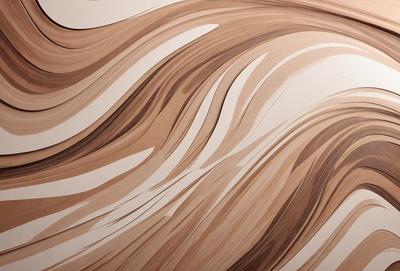 The primary subject of the image is a wooden sculpture of a woman's hair. The setting is a wall, and the visual style is a combination of photo and digital art. The colors are predominantly brown, and the overall atmosphere is elegant and artistic.