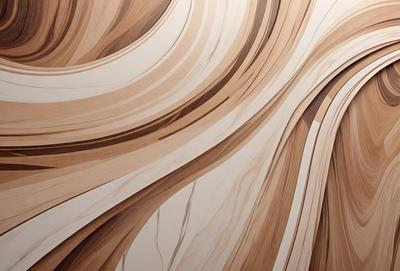 The primary subject of the image is a wooden wall with a unique and intricate design. The setting is a room with a wooden floor, and the visual style appears to be a combination of a photo and digital art. The colors and mood of the image are predominantly brown and earthy, creating a warm and natural atmosphere.