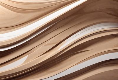 The primary subject of the image is a wooden wall with a wave-like pattern. The setting is a room with a white background. The visual style is a combination of a photo and digital art, creating a unique and intricate design. The dominant colors are brown and white, giving the wall a natural and clean appearance. The overall atmosphere is one of elegance and sophistication.