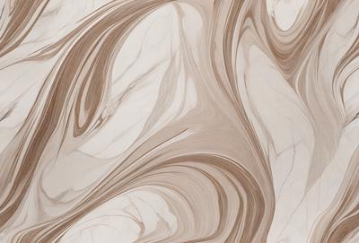 The primary subject of the image is a marble countertop with a unique and intricate design. The setting is a kitchen or bathroom, as the countertop is placed on a table. The visual style is a combination of a photo and digital art, creating a realistic yet artistic representation of the marble countertop. The colors and mood of the image are predominantly brown and cream, giving it a warm and natural appearance.