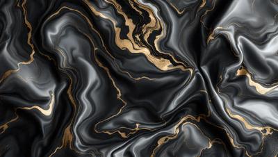 The primary subject of the image is a black and gold marble pattern. The setting is a black background, and the visual style appears to be a combination of a photo and digital art. The dominant colors are black and gold, creating a luxurious and elegant atmosphere.