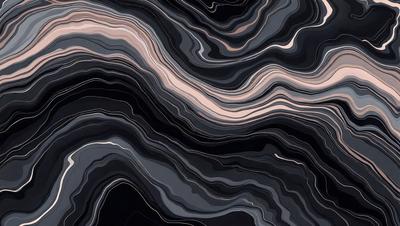The primary subject of the image is a black and white patterned surface, which appears to be a marble or stone texture. The setting is a dark background, which contrasts with the patterned surface. The visual style is a close-up of the pattern, showcasing the intricate details of the design. The colors and mood of the image are predominantly dark, with the black and white pattern creating a sense of depth and complexity.