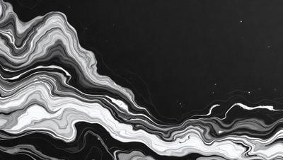 The primary subject of the image is a black and white painting of a swirling, flowing pattern. The setting is a dark background, which contrasts with the swirling pattern. The visual style is a painting, which gives the image a more artistic and creative appearance. The colors and mood of the image are predominantly black and white, creating a sense of depth and contrast.