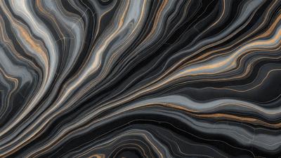 The primary subject of the image is a close-up of a black and gold marbled stone. The setting is a dark background, which contrasts with the vibrant colors of the marbled stone. The visual style is a close-up, which emphasizes the intricate patterns and textures of the stone. The colors and mood of the image are rich and luxurious, with the gold and black tones creating a sense of elegance and sophistication.