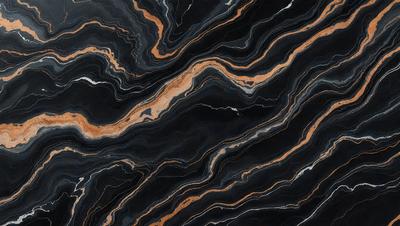 The primary subject of the image is a black and orange marble pattern. The setting is a black and orange marble surface, which serves as the background. The visual style is a close-up of the marble pattern, showcasing its intricate details. The colors and mood of the image are predominantly black and orange, creating a striking and visually appealing pattern.