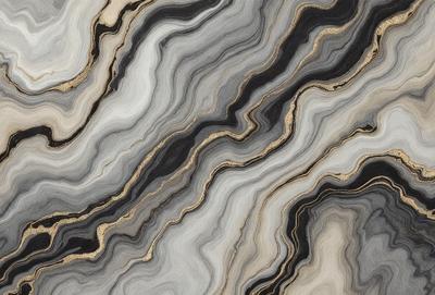 The primary subject of the image is a marble-like stone with a gold and black color scheme. The setting is a stone wall, and the visual style appears to be a close-up of the stone. The colors and mood of the image are elegant and sophisticated, with the gold and black accents adding a touch of luxury.