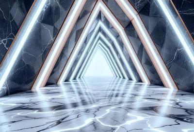 The primary subject of the image is a long, narrow hallway with a marble floor. The setting is a futuristic environment, possibly a space station or a high-tech building. The visual style is a combination of photo and digital art, creating a unique and intriguing atmosphere. The colors and mood are predominantly white and blue, with a touch of yellow, giving the scene a clean, modern, and slightly futuristic feel.