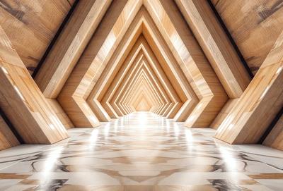 The primary subject of the image is a long, narrow hallway with a patterned floor. The setting is a large building, and the visual style is a photo. The colors and mood of the image are predominantly white, with a hint of yellow, creating a clean and bright atmosphere.