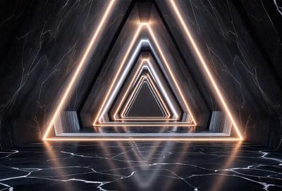 The primary subject of the image is a hallway with a patterned floor. The setting is a dark room, and the visual style appears to be a combination of a photo and digital art. The colors and mood of the image are predominantly dark, with a few bright lights illuminating the space.