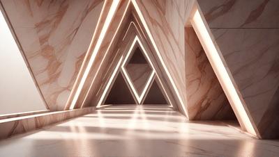 The primary subject of the image is a marble-covered hallway with a patterned floor. The setting is a large, open space with a marble wall and a marble floor. The visual style is a combination of a photo and digital art, creating a unique and intricate design. The colors and mood of the image are predominantly white and gray, giving it a clean and elegant appearance.