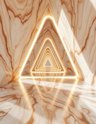 The primary subject of the image is a large, illuminated triangle. The setting is a stone wall, and the visual style appears to be a combination of photo and digital art. The dominant colors are yellow and orange, creating a warm and inviting atmosphere.