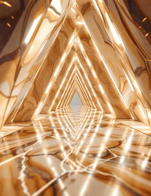 The primary subject of the image is a long, narrow hallway with a reflective surface. The setting is a large, open space with a patterned floor. The visual style is a combination of photo and digital art, creating a unique and intriguing atmosphere. The colors and mood are predominantly dark, with a hint of light from the reflective surface, giving the space a mysterious and captivating ambiance.