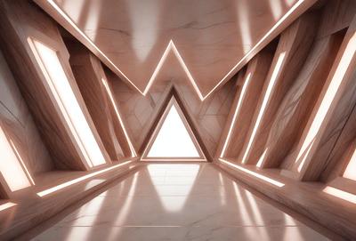 The primary subject of the image is a large, white triangle. The setting is a marble-lined hallway, and the visual style appears to be a combination of photo and digital art. The dominant colors are white and gray, creating a clean and minimalist atmosphere.