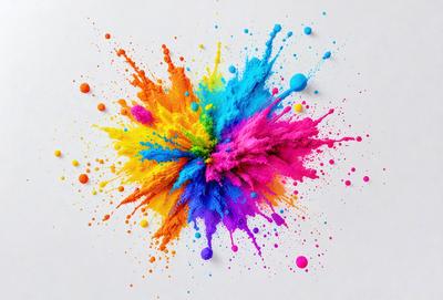 The primary subject of the image is a colorful, abstract art piece that resembles a splash of paint or a colorful explosion. The setting is a white background, which provides a clean and uncluttered environment for the artwork. The visual style is a combination of digital art and illustration, creating a vibrant and dynamic appearance. The colors and mood of the image are predominantly bright and lively, with a focus on the various hues and shades that make up the artwork.