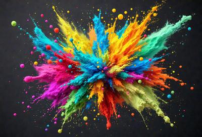 The primary subject of the image is a colorful, abstract artwork featuring a mix of colors and patterns. The setting is a black background, which contrasts with the vibrant colors of the artwork. The visual style appears to be a combination of digital art and illustration, creating a unique and eye-catching piece. The dominant colors in the artwork are yellow, blue, and orange, which contribute to a lively and energetic atmosphere.