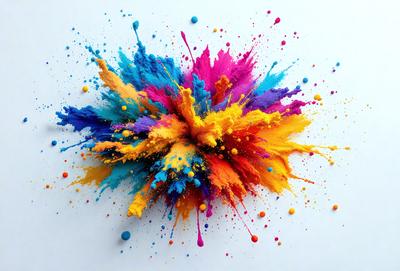 The primary subject of the image is a colorful, abstract artwork that resembles a splash of paint or a colorful explosion. The setting is a white wall, which serves as a clean and neutral background for the artwork. The visual style of the image is a combination of photo and digital art, creating a unique and vibrant appearance. The colors and mood of the artwork are predominantly bright and lively, with a focus on the various shades of blue, yellow, and orange.