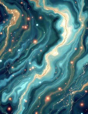 The primary subject of the image is a blue and green swirling pattern, which appears to be a digital art or illustration. The setting is a dark blue background, and the visual style is a combination of digital art and illustration. The colors and mood of the image are predominantly blue and green, creating a serene and calming atmosphere.