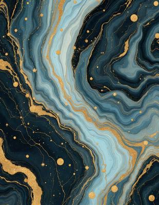 The primary subject of the image is a blue and gold painting of a waterfall. The setting is a night sky, and the visual style is a combination of digital art and illustration. The dominant colors are blue and gold, creating a serene and calming atmosphere.
