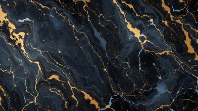 The primary subject of the image is a black and gold marble countertop. The setting is a kitchen, with the marble countertop being the main focus of the scene. The visual style is a close-up of the marble countertop, showcasing its intricate patterns and textures. The dominant colors are black and gold, creating a luxurious and elegant atmosphere.