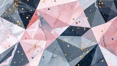 The primary subject of the image is a geometric pattern featuring triangles and dots. The setting is a marble surface, which adds a sense of sophistication and elegance to the scene. The visual style is a combination of digital art and illustration, creating a unique and eye-catching design. The dominant colors in the image are pink, blue, and gold, which contribute to a warm and inviting atmosphere.