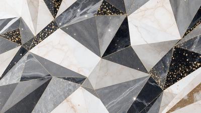The primary subject of the image is a patterned marble floor with a black and white diamond design. The setting is a room with a black and white diamond patterned floor. The visual style is a close-up of the floor, showcasing the intricate design. The colors and mood of the image are predominantly black and white, giving it a modern and sophisticated appearance.