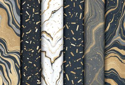 The image features a row of three marble-like patterns, each with a different color and texture. The patterns are arranged in a horizontal line, creating a visually appealing display. The colors and textures of the patterns are gold, black, and white, giving the scene a sophisticated and elegant appearance. The overall atmosphere of the image is one of luxury and refinement.