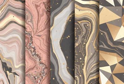 The image features a series of five different colored marble-like textures, each with a unique pattern and color. The colors range from pink, gray, and brown, creating a visually appealing and diverse collection. The marble-like textures are displayed in a row, showcasing the variety and beauty of each design. The overall atmosphere is elegant and sophisticated, with the marble textures evoking a sense of luxury and refinement.