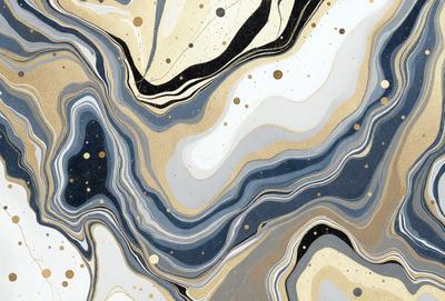 The primary subject of the image is a blue and white patterned wallpaper with a gold and black design. The setting is a room with a blue and white color scheme. The visual style is a combination of digital art and illustration. The dominant colors are blue, white, and gold, creating a calm and soothing atmosphere.