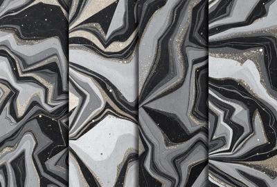 The primary subject of the image is a series of three photographs featuring a rocky surface. The setting is a rocky outdoor environment, and the visual style appears to be a combination of photo and digital art. The dominant colors in the image are grays, blacks, and whites, creating a moody and dramatic atmosphere.