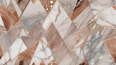 The primary subject of the image is a marble tile with a gold pattern. The setting is a marble wall, and the visual style is a combination of photo and digital art. The dominant colors are gold and white, creating a luxurious and elegant atmosphere.