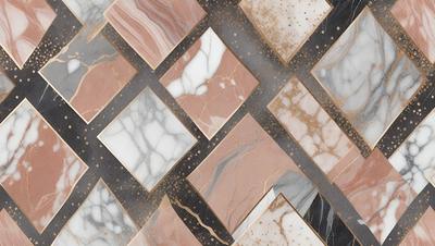 The primary subject of the image is a marble tile pattern. The setting is a marble tile floor, and the visual style is a close-up of the tile pattern. The colors and mood of the image are predominantly brown and gold, giving it a warm and natural appearance.
