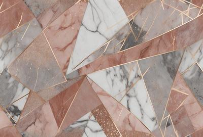 The primary subject of the image is a marble tile with a gold pattern. The setting is a marble floor, and the visual style is a close-up of the tile. The dominant colors are gold and marble, creating a luxurious and elegant atmosphere.