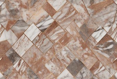 The primary subject of the image is a marble tile with a gold pattern. The setting is a marble wall, and the visual style is a close-up of the tile. The dominant colors are gold and marble, creating a luxurious and elegant atmosphere.