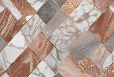 The primary subject of the image is a marble tile with a gold pattern. The setting is a wall, and the visual style is a close-up of the tile. The dominant colors are gold and marble, creating a luxurious and elegant atmosphere.