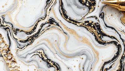 The primary subject of the image is a marble-like surface with a gold and black pattern. The setting is a white background, and the visual style appears to be a combination of a photo and digital art. The colors and mood of the image are predominantly gold and black, creating a luxurious and elegant atmosphere.