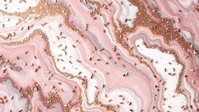 The primary subject of the image is a close-up of a pink and white marbled surface, which appears to be a marble countertop. The setting is a kitchen, as evidenced by the presence of a cake on the counter. The visual style is a combination of a photo and digital art, creating a unique and artistic representation of the marbled surface. The colors and mood of the image are predominantly pink and white, giving it a warm and inviting atmosphere.
