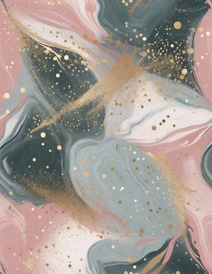 The primary subject of the image is a close-up of a gold and pink background with a pattern of gold stars and gold glitter. The setting is a pink and grey background, and the visual style is a combination of digital art and illustration. The dominant colors are gold and pink, creating a warm and vibrant atmosphere.