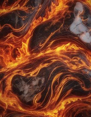 The primary subject of the image is a fire, with flames and orange hues dominating the scene. The setting is a black background, which contrasts with the fire's vibrant colors. The visual style appears to be a digital art or illustration, as the fire's movement and intensity are captured in a dynamic and artistic manner. The colors and mood of the image are predominantly warm and intense, with the fire's flames creating a striking and captivating visual experience.